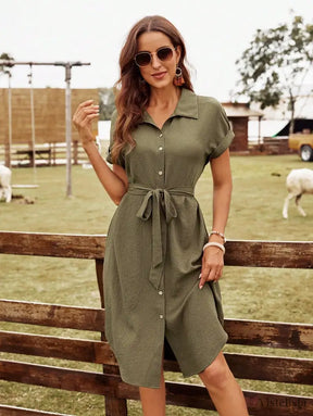Vestido Midi Chemise Com Botões E Cinto Ajustável Verde Militar / PP Vestido Midi Chemise Com Botões E Cinto Ajustável