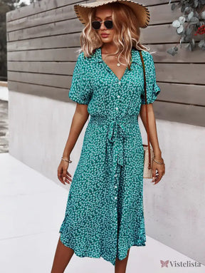 Vestido Midi Chemise Estampado Com Amarração Na Cintura Vestido Midi Chemise Estampado Com Amarração Na Cintura