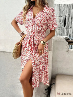 Vestido Midi Chemise Estampado Com Amarração Na Cintura Vestido Midi Chemise Estampado Com Amarração Na Cintura