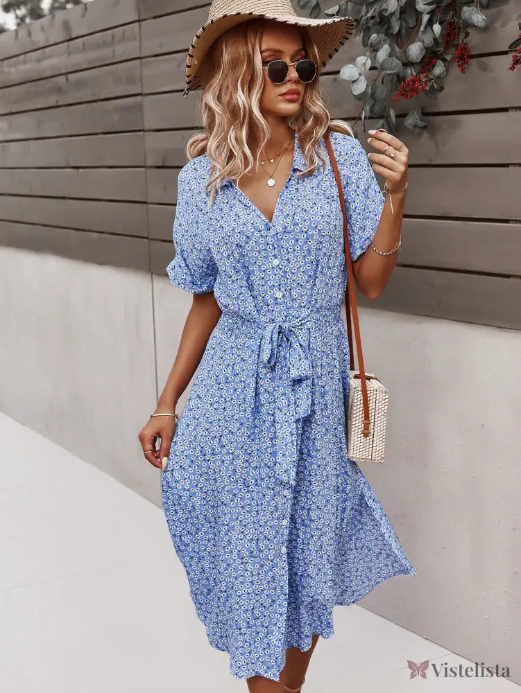 Vestido Midi Chemise Estampado Com Amarração Na Cintura Azul Claro / PP Vestido Midi Chemise Estampado Com Amarração Na