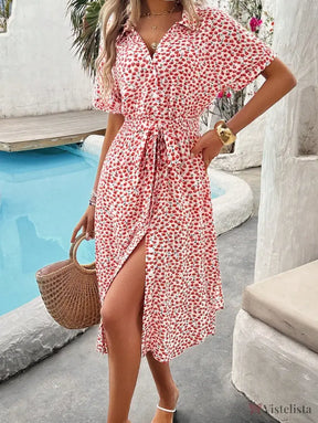 Vestido Midi Chemise Estampado Com Amarração Na Cintura Rosa / PP Vestido Midi Chemise Estampado Com Amarração Na