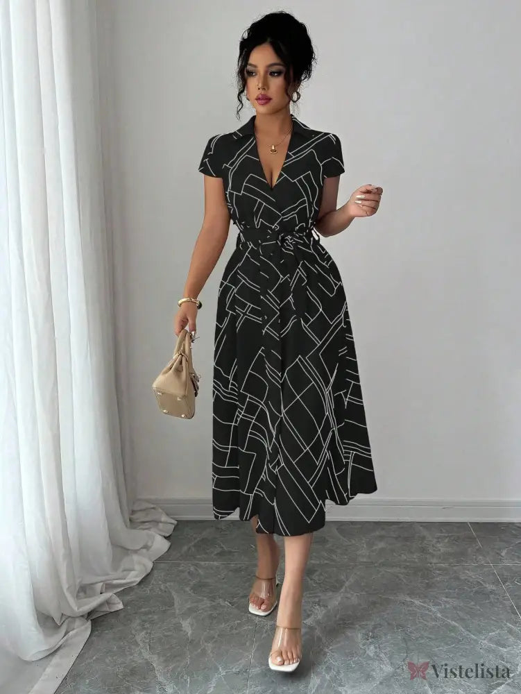 Vestido Midi Chemise Estampado Com Cinto Ajustável Preto / PP Vestido Midi Chemise Estampado Com Cinto Ajustável