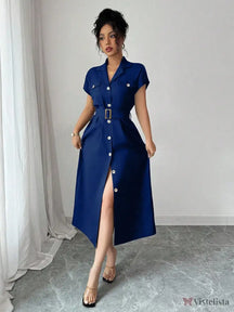 Vestido Midi Chemise Estilo Social Sofisticado Azul Royal / PP Vestido Midi Chemise Estilo Social Sofisticado