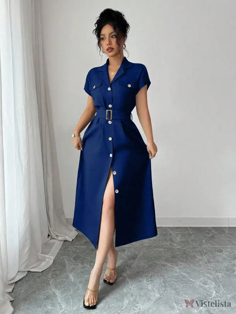 Vestido Midi Chemise Estilo Social Sofisticado Azul Royal / PP Vestido Midi Chemise Estilo Social Sofisticado