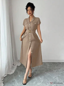 Vestido Midi Chemise Estilo Social Sofisticado Cáqui / PP Vestido Midi Chemise Estilo Social Sofisticado