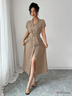 Vestido Midi Chemise Estilo Social Sofisticado Cáqui / PP Vestido Midi Chemise Estilo Social Sofisticado