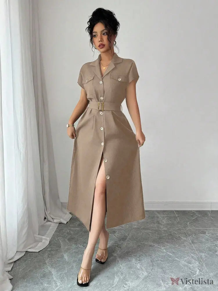 Vestido Midi Chemise Estilo Social Sofisticado Cáqui / PP Vestido Midi Chemise Estilo Social Sofisticado