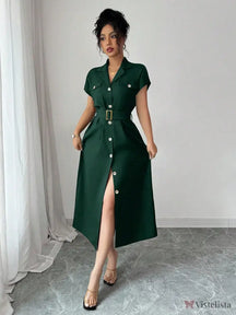 Vestido Midi Chemise Estilo Social Sofisticado Verde Escuro / PP Vestido Midi Chemise Estilo Social Sofisticado