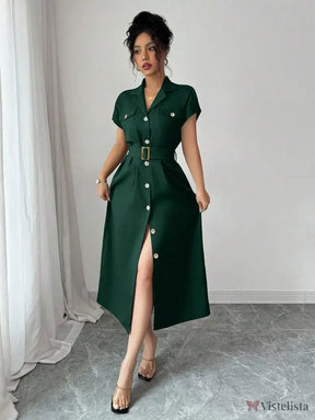 Vestido Midi Chemise Estilo Social Sofisticado Verde Escuro / PP Vestido Midi Chemise Estilo Social Sofisticado