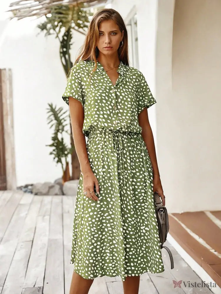 Vestido Midi Chemise Feminino Com Manga Curta Verde Militar / PP Vestido Midi Chemise Feminino Com Manga Curta