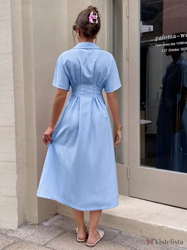 Vestido Midi Chemise Listrado Com Cintura Marcada Vestido Midi Chemise Listrado Com Cintura Marcada
