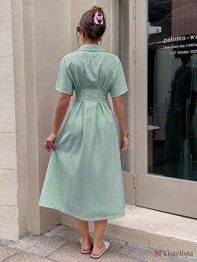 Vestido Midi Chemise Listrado Com Cintura Marcada Vestido Midi Chemise Listrado Com Cintura Marcada