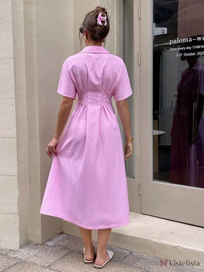 Vestido Midi Chemise Listrado Com Cintura Marcada Vestido Midi Chemise Listrado Com Cintura Marcada
