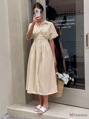 Vestido Midi Chemise Listrado Com Cintura Marcada Vestido Midi Chemise Listrado Com Cintura Marcada