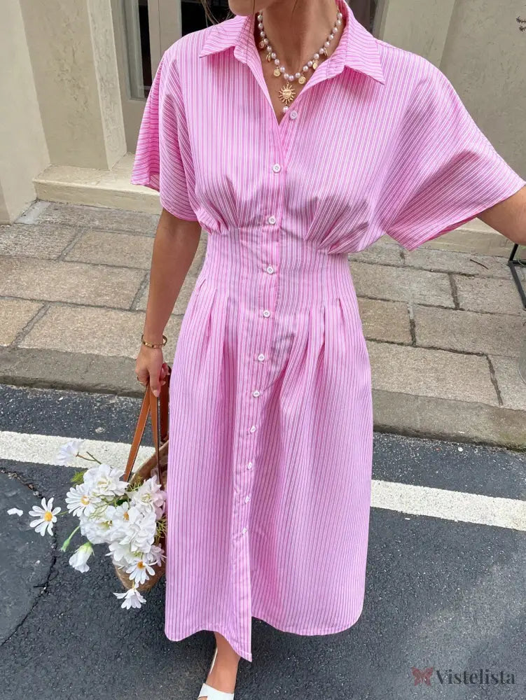 Vestido Midi Chemise Listrado Com Cintura Marcada Rosa / PP Vestido Midi Chemise Listrado Com Cintura Marcada