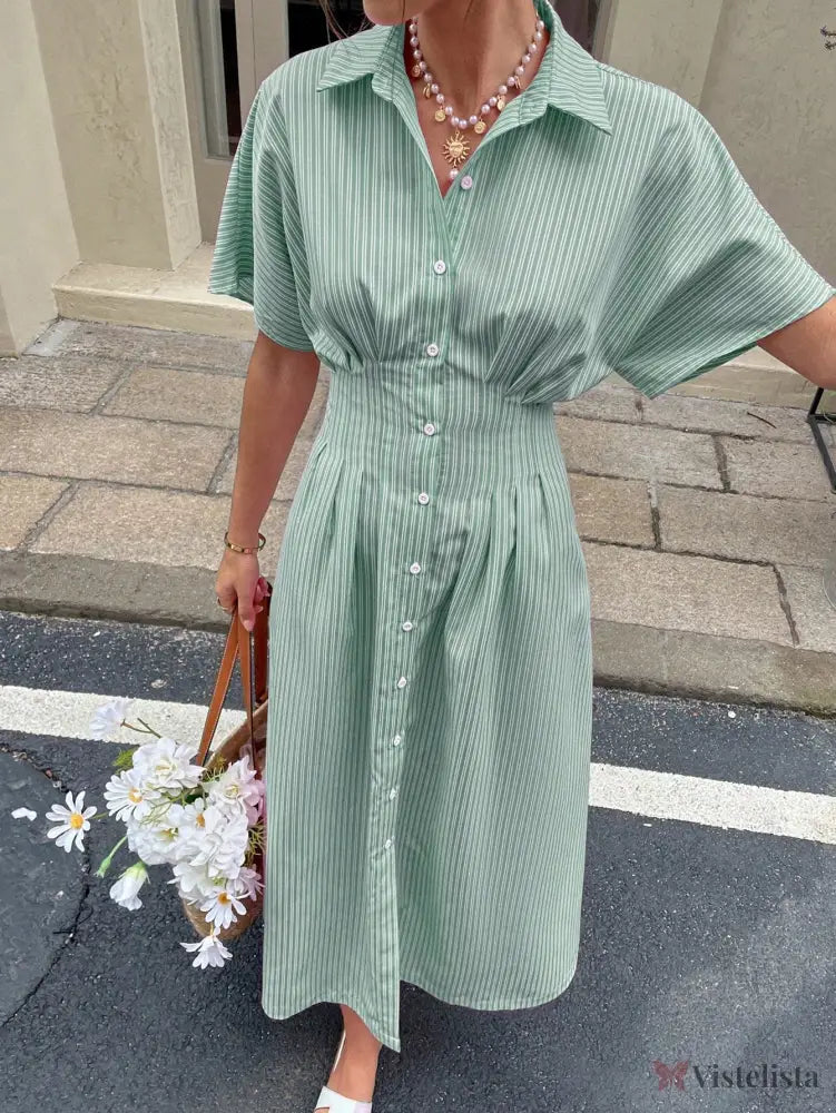 Vestido Midi Chemise Listrado Com Cintura Marcada Verde / PP Vestido Midi Chemise Listrado Com Cintura Marcada