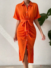 Vestido Midi Chemise Plissado Com Amarração Na Cintura Laranja / PP Vestido Midi Chemise Plissado Com Amarração Na