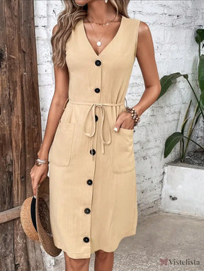 Vestido Midi Chemise Sem Manga Com Botões Frontais Bege / PP Vestido Midi Chemise Sem Manga Com Botões Frontais