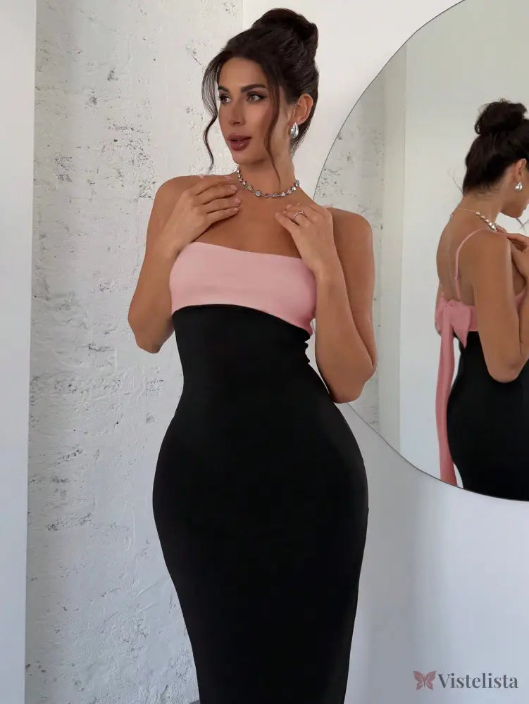 Vestido Midi Com Alças Finas E Laço Elegante Nas Costas Vestido Midi Com Alças Finas E Laço Elegante Nas Costas