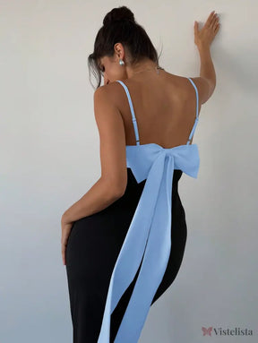 Vestido Midi Com Alças Finas E Laço Elegante Nas Costas Vestido Midi Com Alças Finas E Laço Elegante Nas Costas