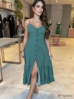 Vestido Midi De Alças Estampado Com Botões E Fenda Vestido Midi De Alças Estampado Com Botões E Fenda