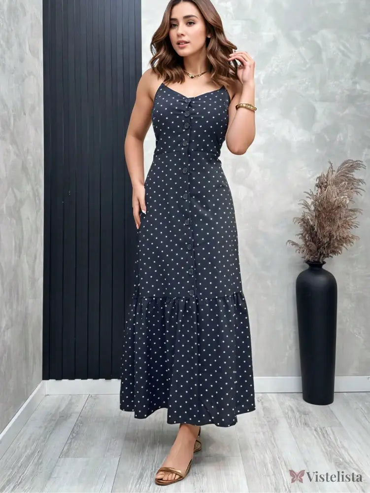 Vestido Midi De Alças Estampado Com Botões E Fenda Azul-marinho / PP Vestido Midi De Alças Estampado Com Botões E Fenda