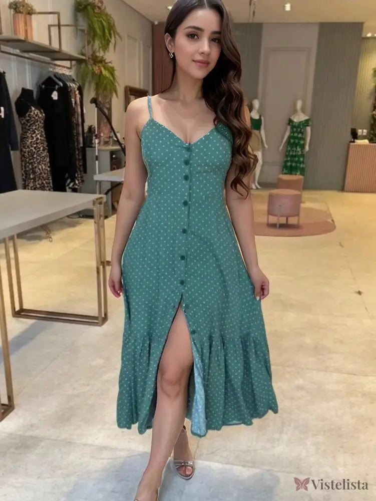 Vestido Midi De Alças Estampado Com Botões E Fenda Verde / PP Vestido Midi De Alças Estampado Com Botões E Fenda