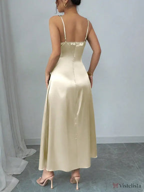 Vestido Midi De Cetim Com Alças Florais Bordadas Vestido Midi De Cetim Com Alças Florais Bordadas