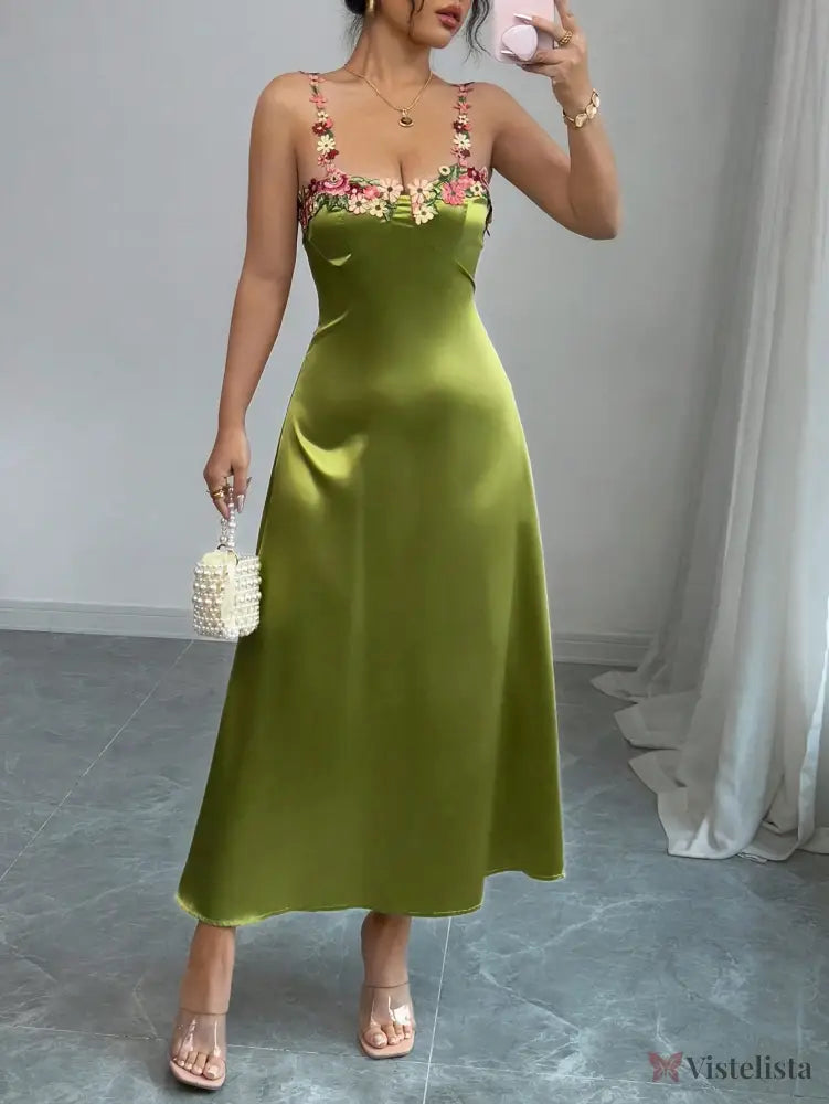 Vestido Midi De Cetim Com Alças Florais Bordadas Verde / PP Vestido Midi De Cetim Com Alças Florais Bordadas