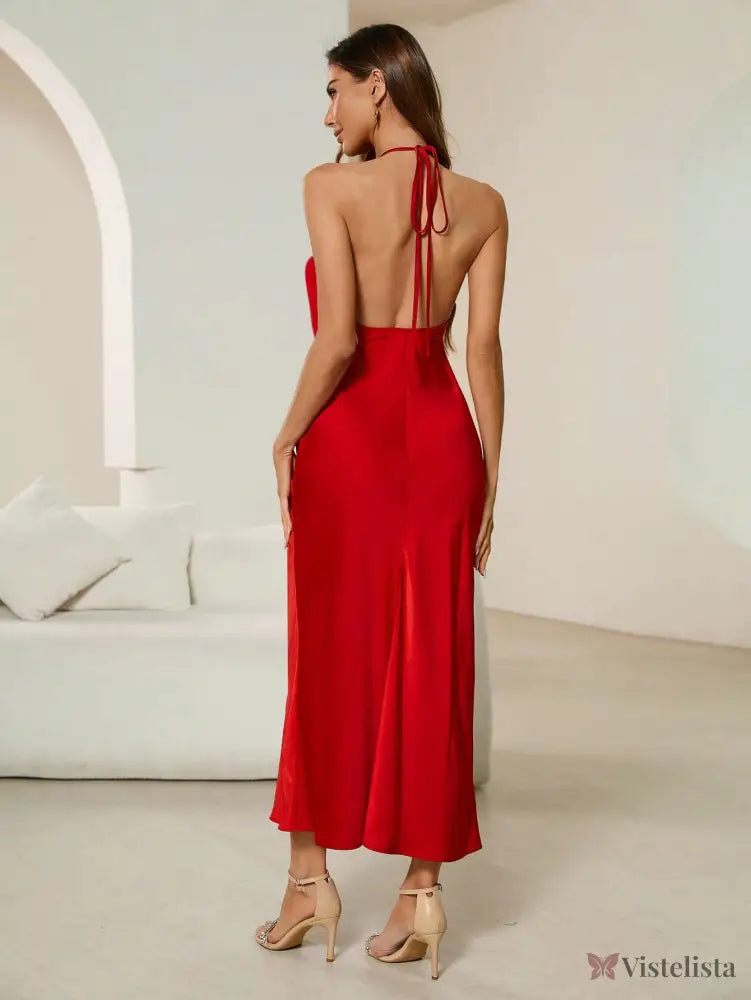 Vestido Midi De Cetim Elegante Com Alça Halter Vestido Midi De Cetim Elegante Com Alça Halter