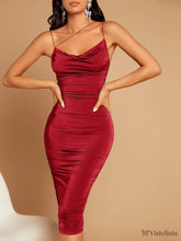 Vestido Midi Elegante Alças Finas Cruzadas Com Brilho Vermelho / PP Vestido Midi Elegante Alças Finas Cruzadas Com