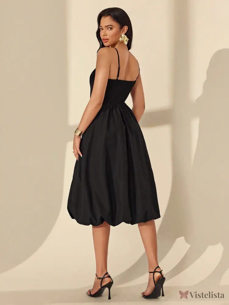 Vestido Midi Elegante Alças Finas Saia Balonê Estruturada Vestido Midi Elegante Alças Finas Saia Balonê Estruturada