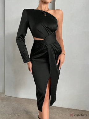 Vestido Midi Elegante Assimétrico Manga Longa E Drapeado Vestido Midi Elegante Assimétrico Manga Longa E Drapeado