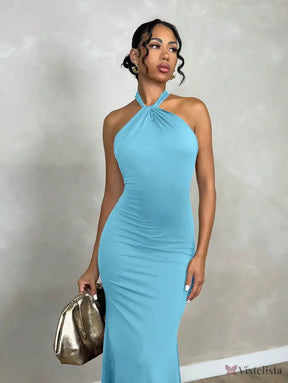 Vestido Midi Elegante Justo Com Decote Halter Torcido Vestido Midi Elegante Justo Com Decote Halter Torcido