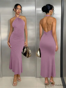 Vestido Midi Elegante Justo Com Decote Halter Torcido Malva / PP Vestido Midi Elegante Justo Com Decote Halter Torcido