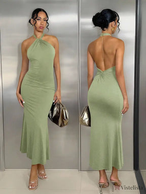 Vestido Midi Elegante Justo Com Decote Halter Torcido Verde Menta / PP Vestido Midi Elegante Justo Com Decote Halter