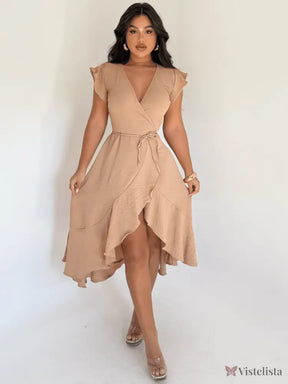 Vestido Midi Envelope Assimétrico Com Babados Vestido Midi Envelope Assimétrico Com Babados