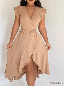 Vestido Midi Envelope Assimétrico Com Babados Bege / PP Vestido Midi Envelope Assimétrico Com Babados