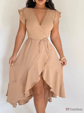 Vestido Midi Envelope Assimétrico Com Babados Bege / PP Vestido Midi Envelope Assimétrico Com Babados