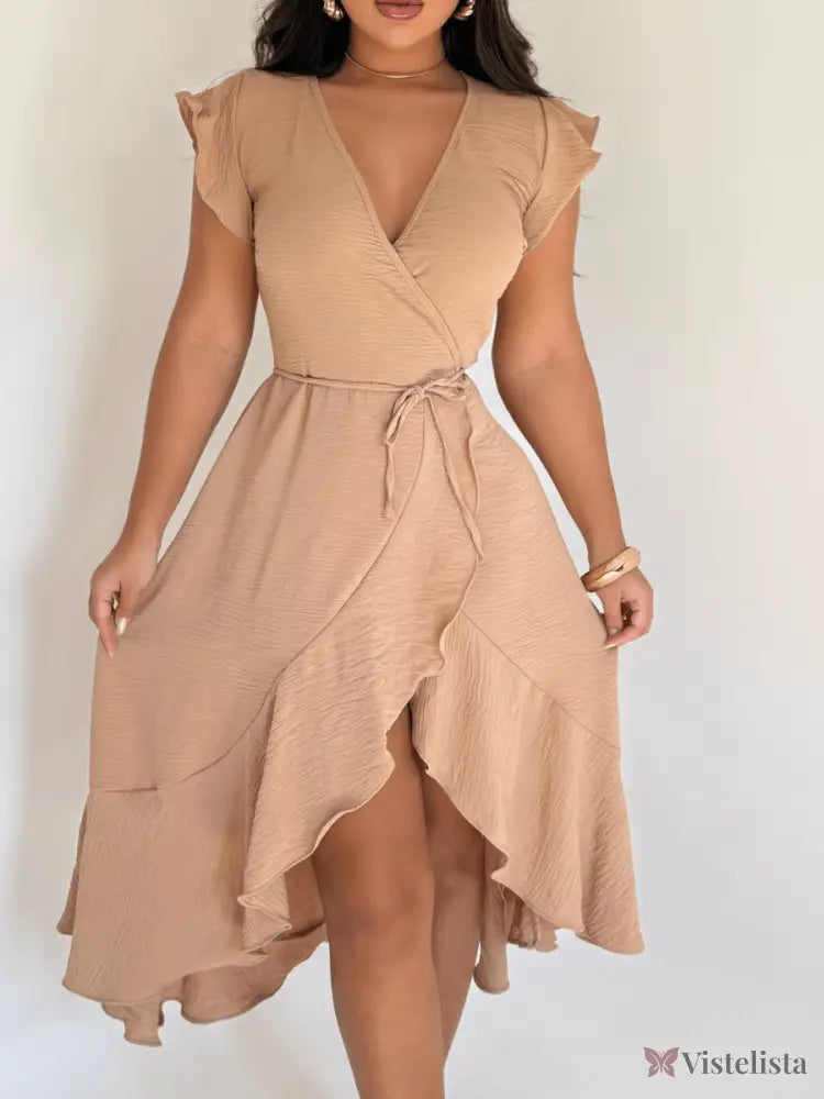 Vestido Midi Envelope Assimétrico Com Babados Bege / PP Vestido Midi Envelope Assimétrico Com Babados