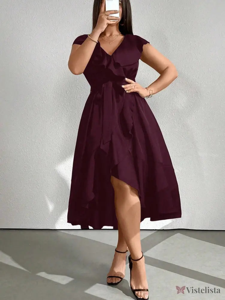 Vestido Midi Envelope Assimétrico Com Faixa Borgonha / PP Vestido Midi Envelope Assimétrico Com Faixa