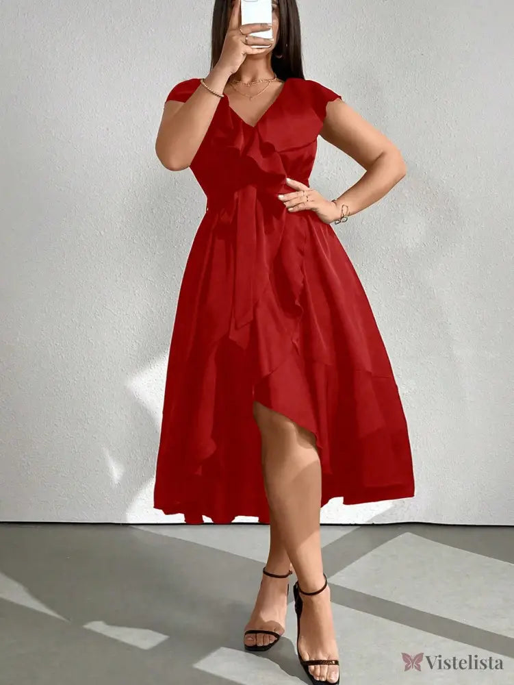 Vestido Midi Envelope Assimétrico Com Faixa Vermelho / PP Vestido Midi Envelope Assimétrico Com Faixa