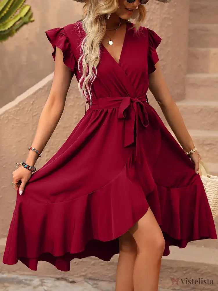 Vestido Midi Envelope Com Amarração Na Cintura Borgonha / PP Vestido Midi Envelope Com Amarração Na Cintura