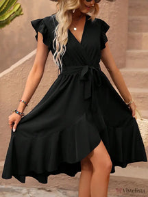 Vestido Midi Envelope Com Amarração Na Cintura Preto / PP Vestido Midi Envelope Com Amarração Na Cintura