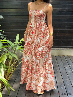 Vestido Midi Estampado Étnico com Alças Finas Ajustáveis Vestido Midi Estampado Étnico com Alças Finas Ajustáveis