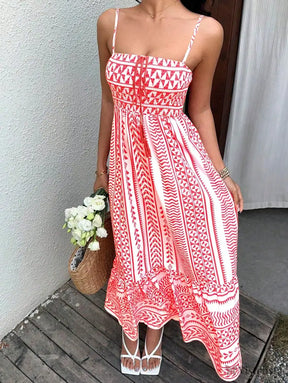 Vestido Midi Estampado Étnico com Alças Finas Ajustáveis Vestido Midi Estampado Étnico com Alças Finas Ajustáveis
