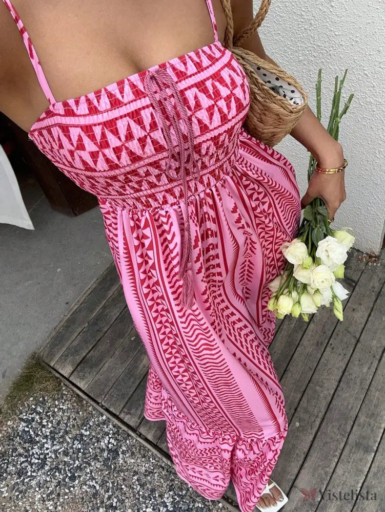Vestido Midi Estampado Étnico com Alças Finas Ajustáveis Rosa / PP Vestido Midi Estampado Étnico com Alças Finas