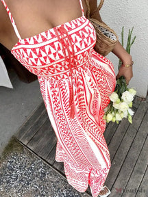 Vestido Midi Estampado Étnico com Alças Finas Ajustáveis Vermelho / PP Vestido Midi Estampado Étnico com Alças Finas