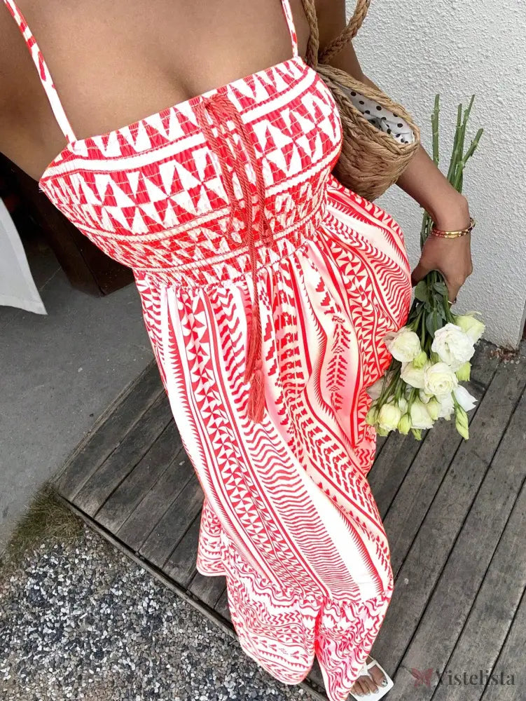 Vestido Midi Estampado Étnico com Alças Finas Ajustáveis Vermelho / PP Vestido Midi Estampado Étnico com Alças Finas