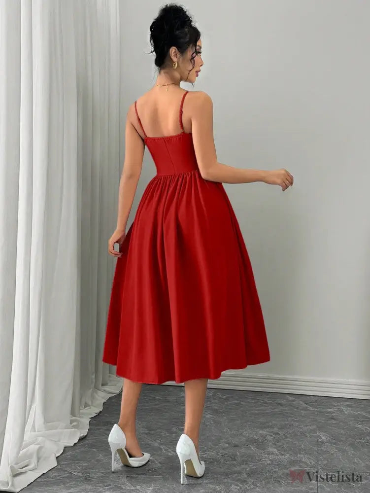 Vestido Midi Evasê Com Alças Finas Estruturado Vestido Midi Evasê Com Alças Finas Estruturado
